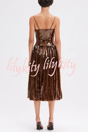 Enchanted Night Sequin Low-cut Corset Balloon Hem Slip Midi Dress