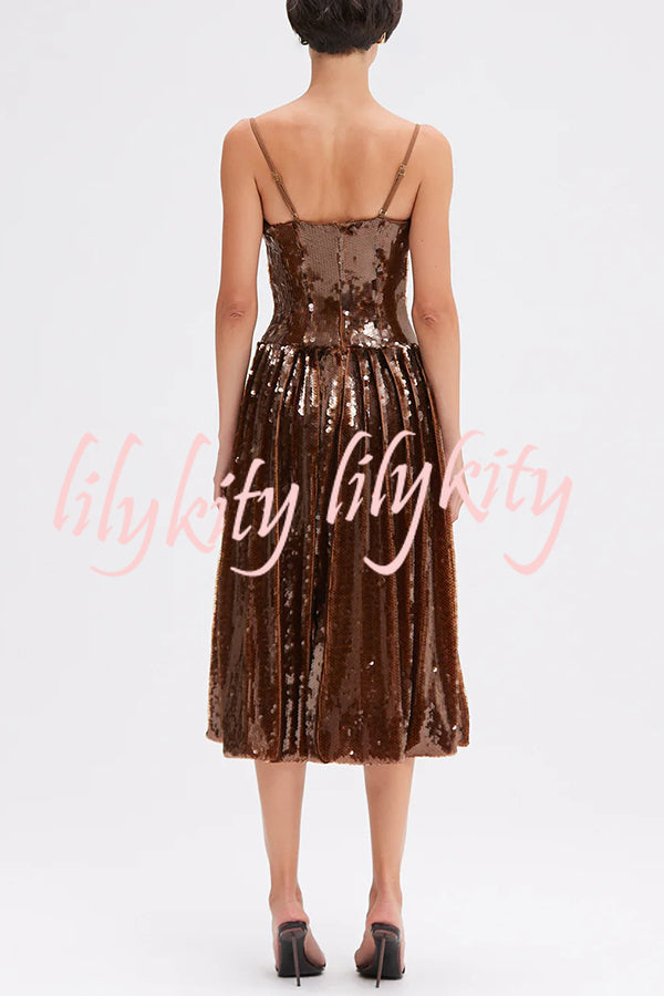 Enchanted Night Sequin Low-cut Corset Balloon Hem Slip Midi Dress