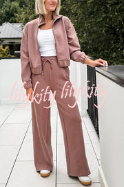 Airy Sleek Full Zip Jacket and High Rise Elastic Waist Pocket Wide Leg Sweatpants Set