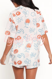 Graffiti Fruit Print Lapel Tie Short Sleeve Top and Elastic Waist Loose Pocket Shorts Set