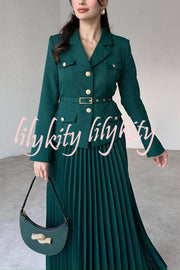 Solid Color Lapel Button Belt Blazer and Pleated Casual Maxi Skirt Set