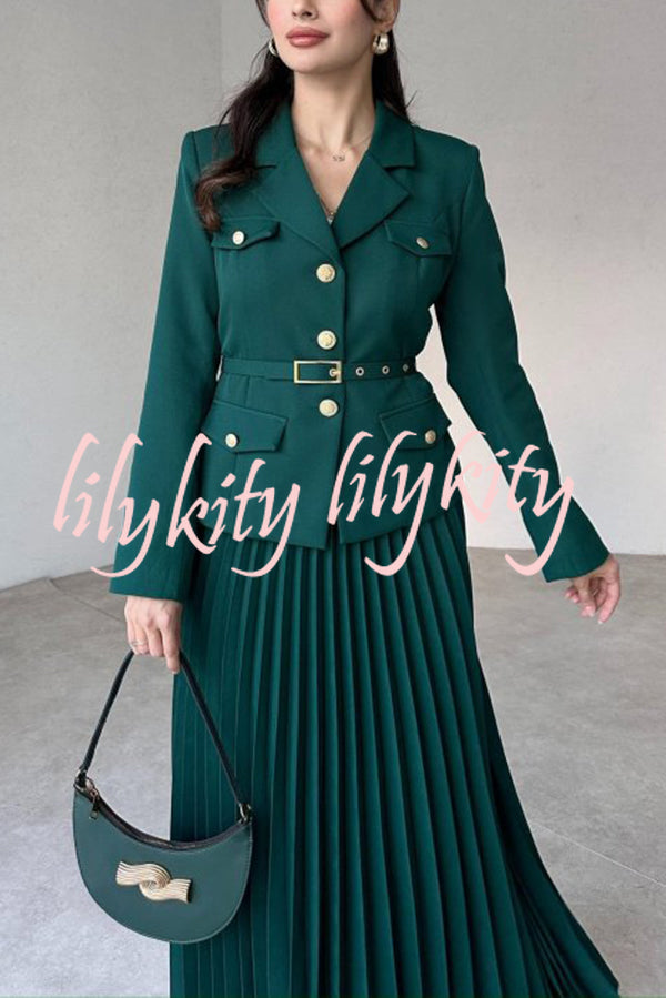 Solid Color Lapel Button Belt Blazer and Pleated Casual Maxi Skirt Set