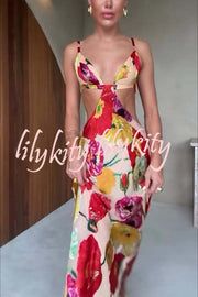 Hawaiian Dreams Satin Floral Print Cutout Backless Maxi Dress