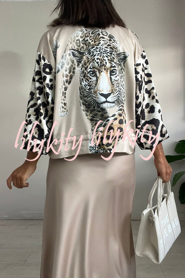 Shiloh Leopard Unique Print Zipper Drawstring Hem Bomber Jacket