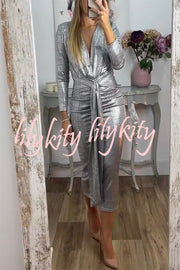 Shiny Lady Metallic Fabric Padded Long Sleeve Tie-up Ruched Midi Dress