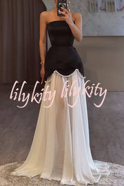 Jiya Satin Petal Hem Pearl Detail Chiffon Cape Strapless Maxi Dress