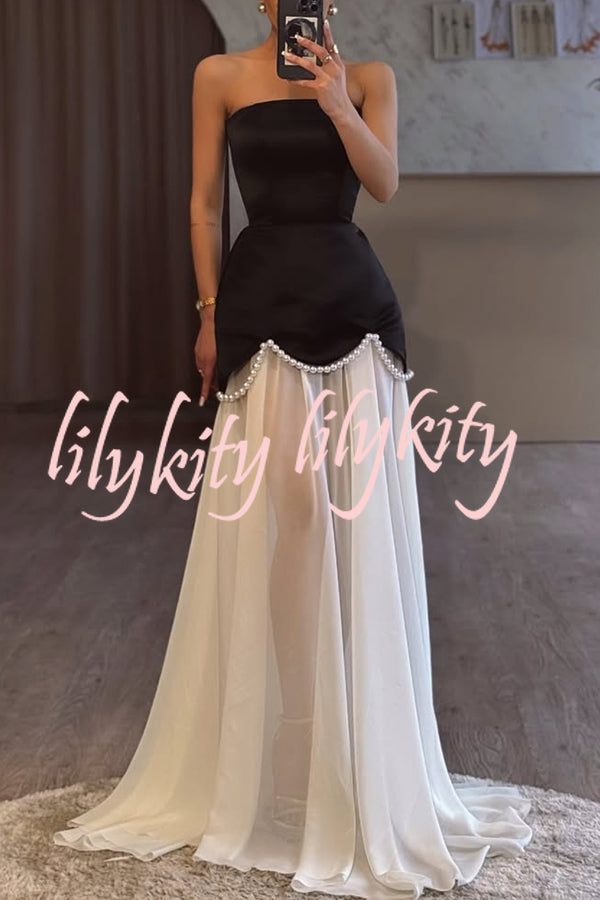 Jiya Satin Petal Hem Pearl Detail Chiffon Cape Strapless Maxi Dress