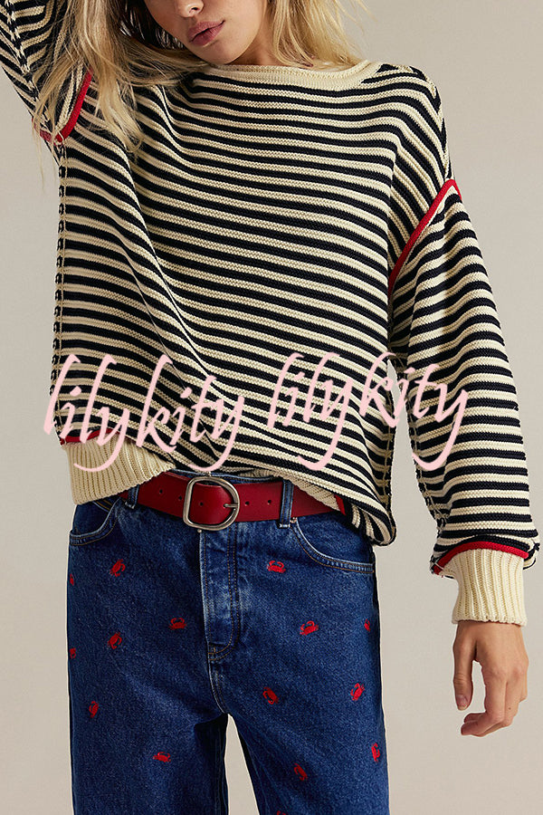 Fashion Striped Colorblock Loose Round Neck Long-sleeved Knitted Sweater