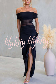Sexy Mesh Off-shoulder Slim Fit Ruffled Slit Maxi Dress