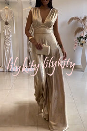 Roisin Metallic Fabric Ruched Shoulder V-neck Wide Leg Drape Jumpsuit