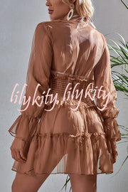 Ruffled Pleated V Neck Button Down Long Sleeved Cover Up