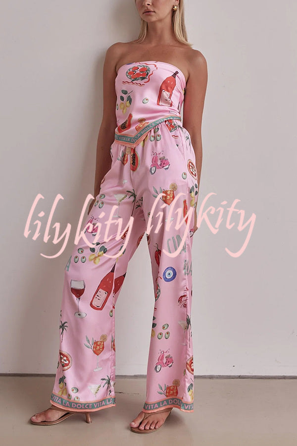 Linen Blend Unique Printed Bandeau Top and Elastic Waist Pocket Pants Set