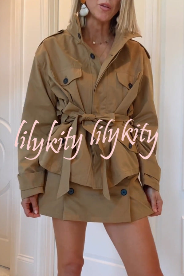Chic Comfort Mid Rise Elastic Waist Contrast Buttons Pocket Mini Skort