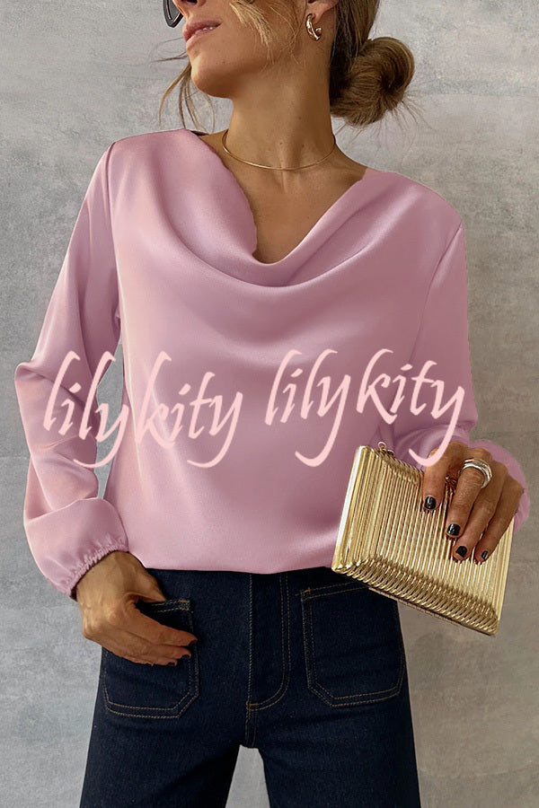 Simple and Beautiful Satin Cowl Drape Neck Long Sleeved Shirt