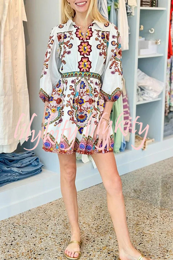 Fun and Vibrant Linen Blend Unique Print Puff Sleeve Pocketed Shirt Mini Dress