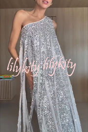 Holiday Muse Sequined Slit Tassels One Shoulder H-line Maxi Dress