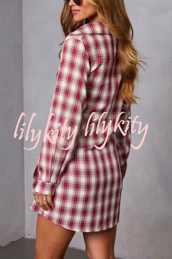 Ashroot Plaid Button Up Wrap Tie Long Sleeve Shirt Mini Dress