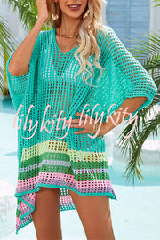 Color Block V Neck Slit Hollow Short Sleeved Knitted Cover Up