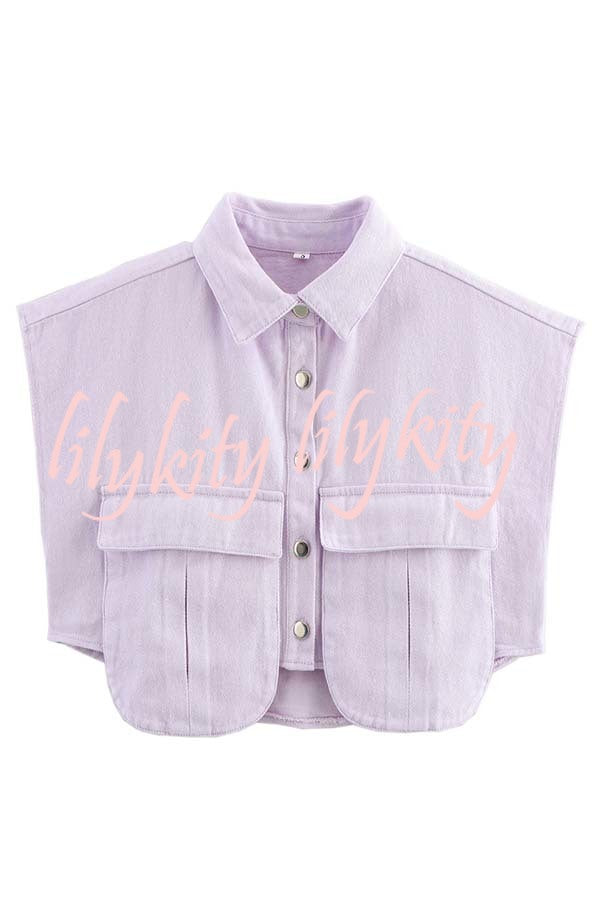Stylish Weekend Denim Button Up Cape Sleeve Pocket Crop Top