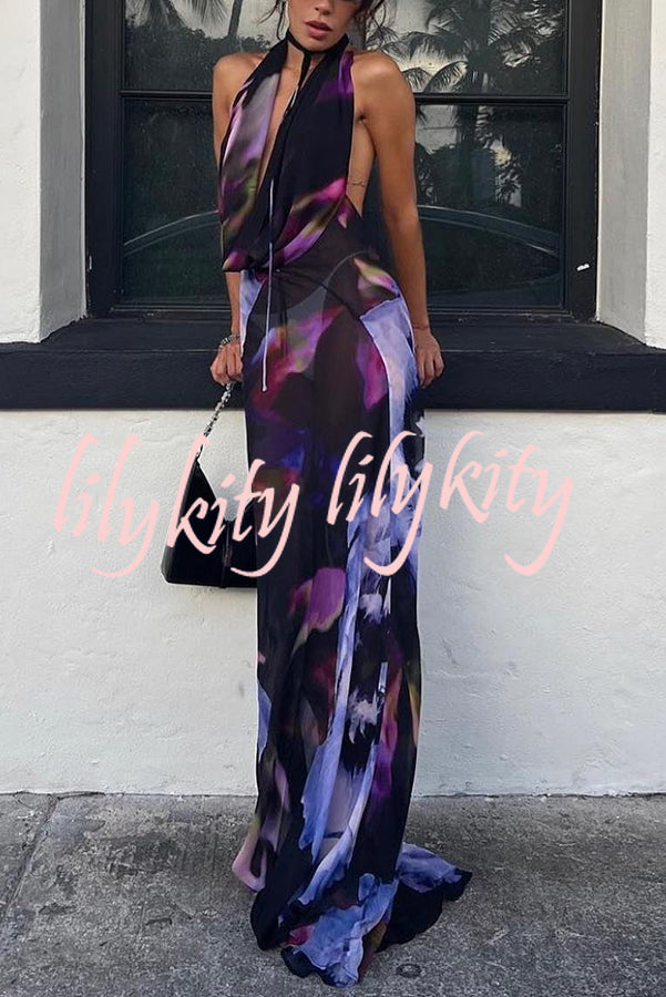 Bold and Sexy Tie-dye Abstract Floral Halter Drape Neck Backless Maxi Dress