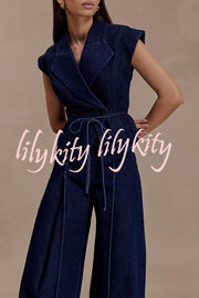 Charley Denim Button Up Cap Short Sleeve Structured Tie-up Lapel Top