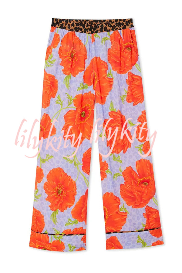 Color-block Poppy Leopard Print Trim Loose Shirt and Elastic Waist Pocketed Pajama Set