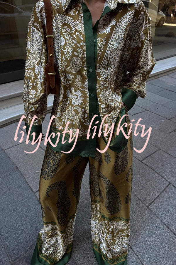 Naya Satin Contrast Color Paisley Long Sleeve Shirt and Elastic Waist Pocketed Pants Set