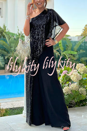 Party Favors Sequin One Shoulder Ruffle Detail Wide Leg Evening Jumpsuit