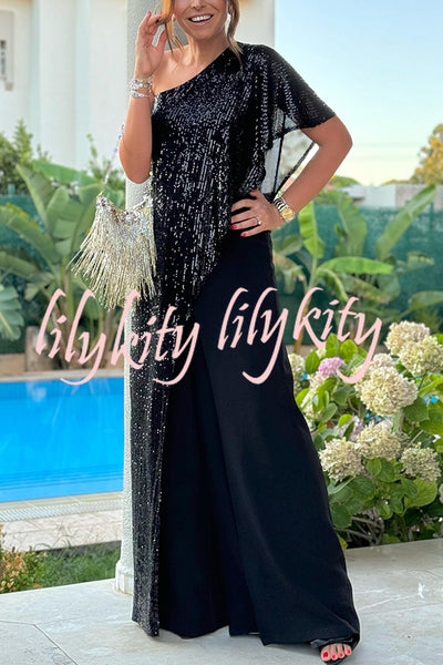 Party Favors Sequin One Shoulder Ruffle Detail Wide Leg Evening Jumpsuit
