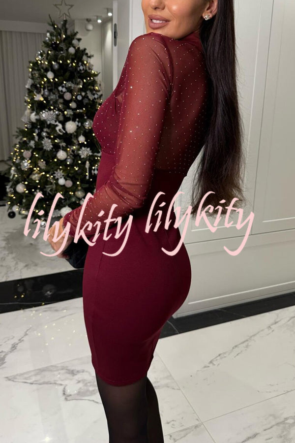 Sexy Energy Mesh Glitter Fabric Cutout Shirt Neck Long Sleeve Stretch Mini Dress