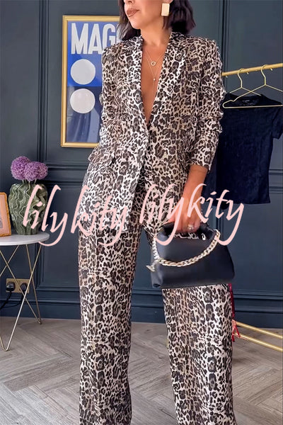 Wild Lifestyle Leopard Print Lapel Blazer and Elastic Waist Pocketed Wide Leg Pants Set