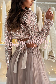 Holiday Party Sequin Long Sleeve Back Satin Tie-up Crop Top