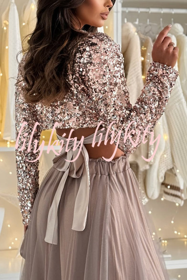 Holiday Party Sequin Long Sleeve Back Satin Tie-up Crop Top
