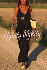 Solid Color V-neck Sleeveless Casual Loose Maxi Dress