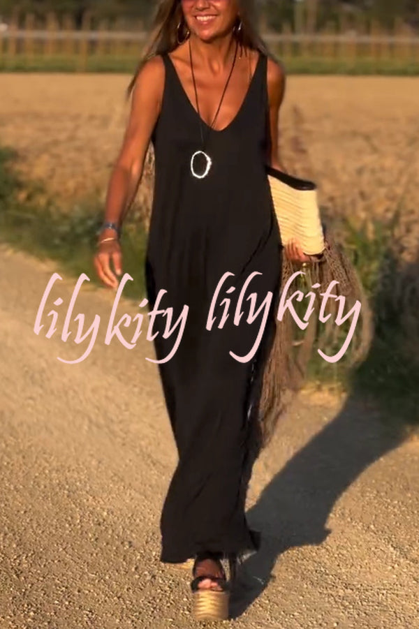 Solid Color V-neck Sleeveless Casual Loose Maxi Dress