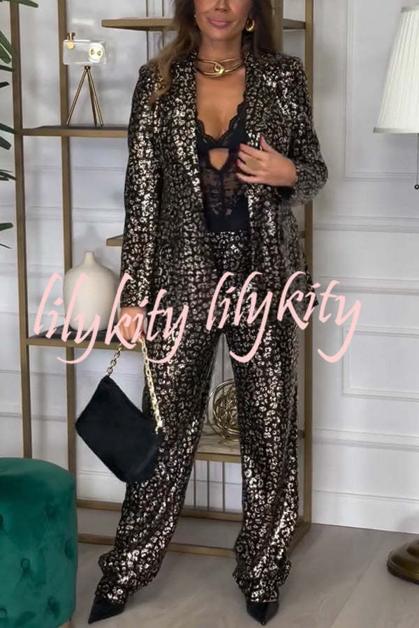 Mona Leopard Metallic Fabric Lapel Boyfriend Blazer and Elastic Waist Pocketed Loose Pants Set