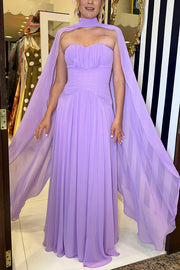Lavender Scent Chiffon Ruched Strapless Removable Cape Maxi Dress