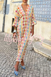 Gorgeous Sunshine Colorful Unique Print Kimono Puff Sleeve Midi Dress