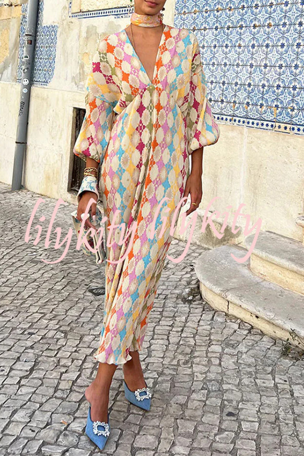 Gorgeous Sunshine Colorful Unique Print Kimono Puff Sleeve Midi Dress