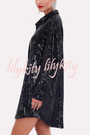 Solid Color Sequined Long-sleeved Casual Mid-length Loose Shirt