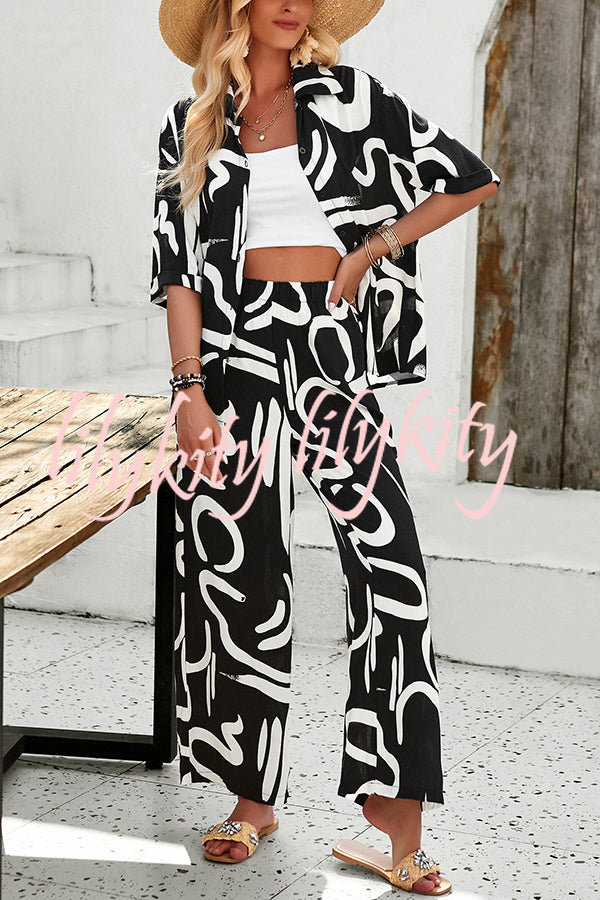 Irregular Printed Button Pocket Long Sleeved Shirt and Elastic Waist Pants Set