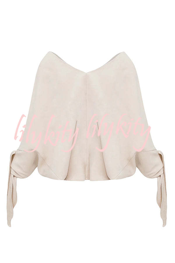 Joyful Bond Linen Blend V-neck Knotted Cuff Half Sleeve Loose Top