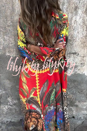 Jungle Miracle Animal Unique Print Button Long Sleeve Midi Relaxed Blouse