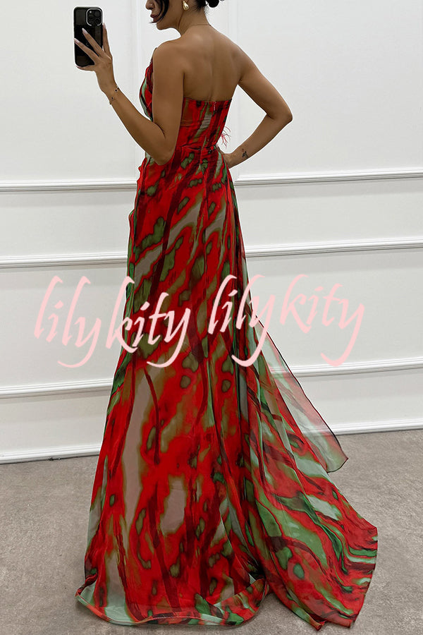 Amazing Views Watercolor Print Feather Rose Detail Off Shoulder Pleated Slit Maxi Dress