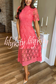 Elegant Crocheted Cutout Lace Short-sleeved Stand-collar Midi Dress