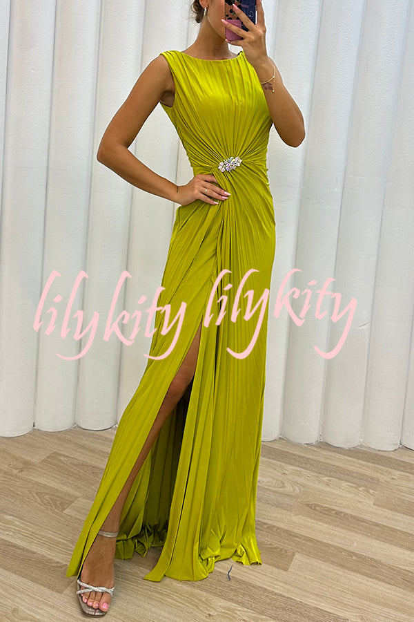 Pretty Special Pleated Embellished Slit Evening Maxi Dress