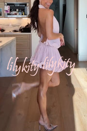 Ballerina Chic High Cowl Neck Pleated Wavy Ruffles Hem Backless Mini Dress