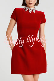 Regan Luxurious Velvet Jewel-encrusted Turtleneck Short Sleeve Pocket Tulip Mini Dress