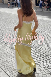 Sweet Trend Satin Lace Trim V-neck Slit Slip Maxi Dress