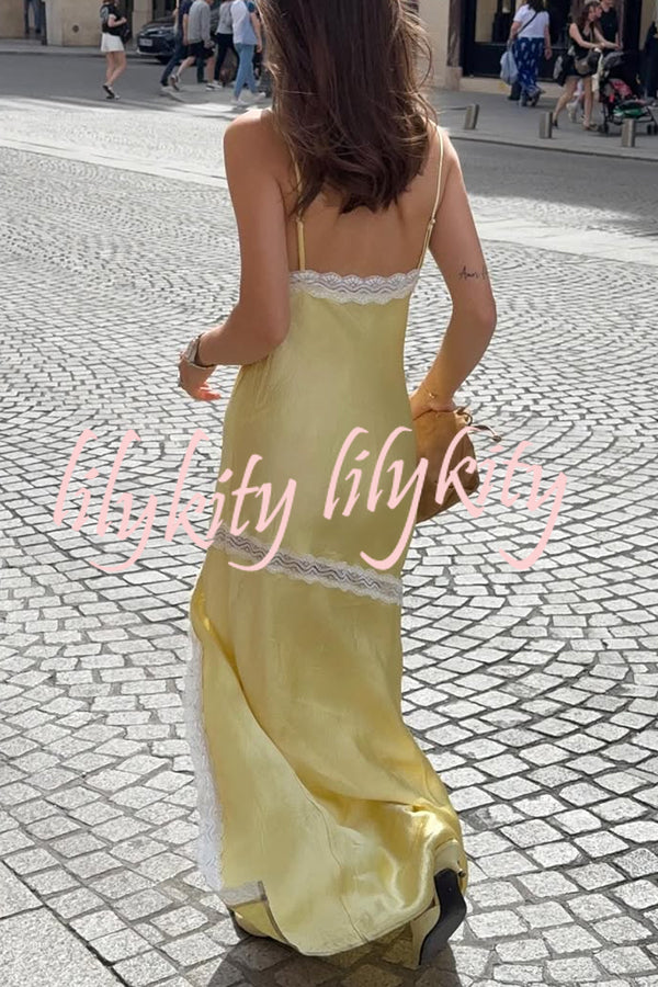 Sweet Trend Satin Lace Trim V-neck Slit Slip Maxi Dress